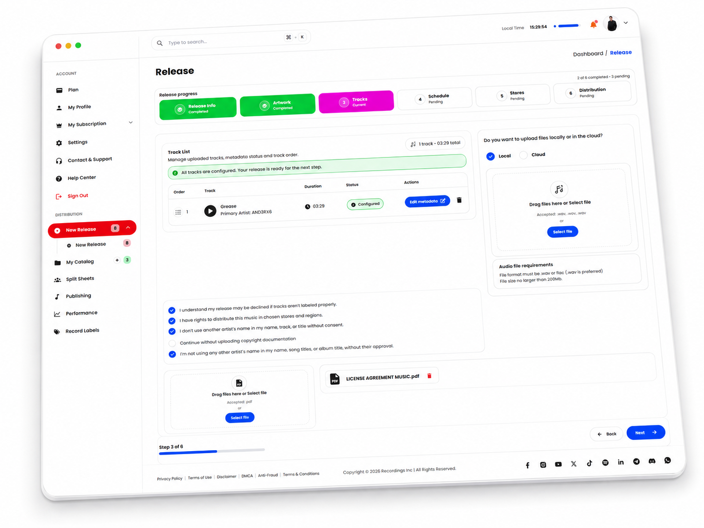 UMW release creation interface showing tracks, audio upload and release documentation