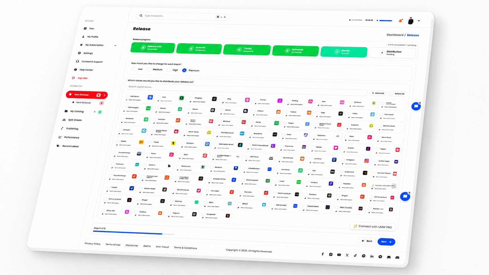 UMW distribution store selection interface showing digital music platforms available for release delivery