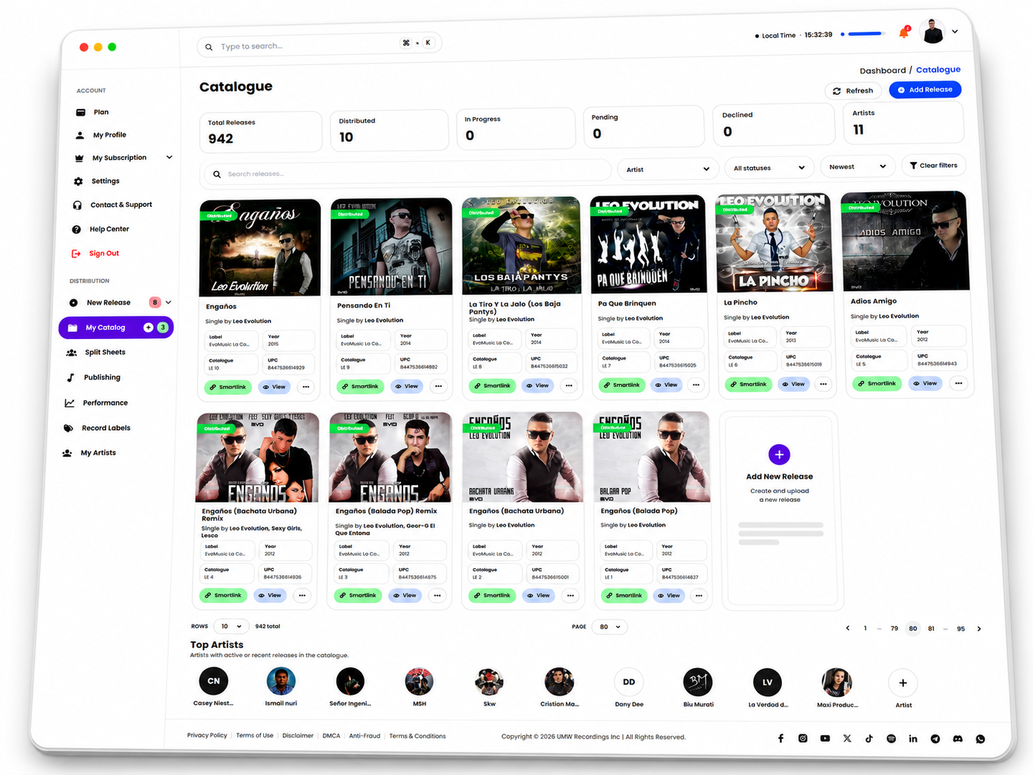 UMW catalog management interface displaying music releases, release statuses and artists