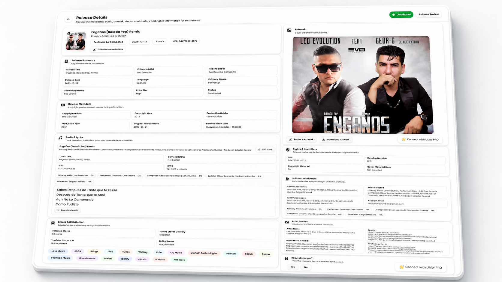 UMW release details interface showing metadata, artwork, rights information, contributors and distribution details